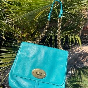 Fossil Teal Leather Crossbody with Gold Chain Strap